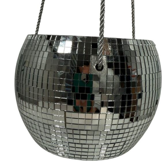 Disco Ball Hanging Planter 6" Mirror Mosaic Boho Retro Silver Ceramic Pot - Picture 5 of 5